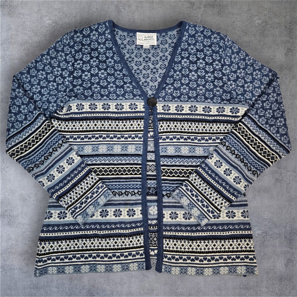Alpaca Imports Cardigan Sweater Large Floral Knit Wool Blend Blue Fair Isle N47